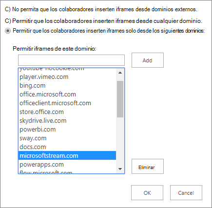 Establecer las restricciones para agregar iFrames