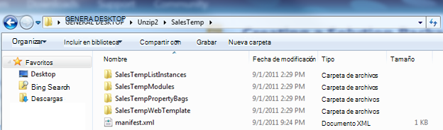 Captura de pantalla del Explorador de Windows que muestra un paquete de soluciones web descomprimido ( .wsp).