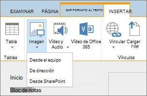 Captura de pantalla de la cinta de SharePoint Online. Seleccione la pestaña Insertar y después Imagen; elija si un archivo se carga desde el equipo, una dirección web o una ubicación de SharePoint.