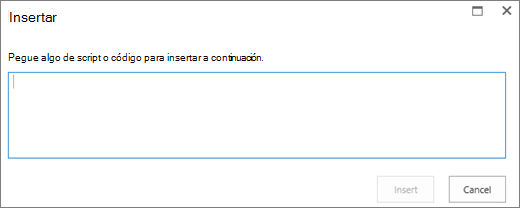 Captura de pantalla del cuadro de diálogo Insertar en SharePoint Online para pegar script o código para insertar para archivos de audio o vídeo y, a continuación, insertar el código.