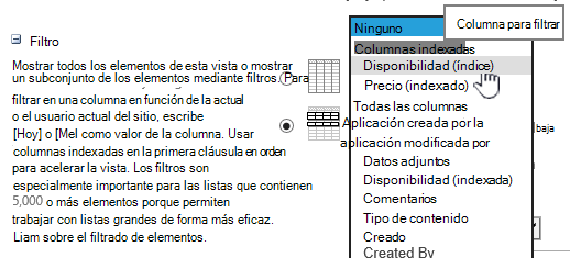 En SharePoint Online, seleccione un campo indexado