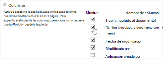 Cuadro de diálogo Selector de columnas