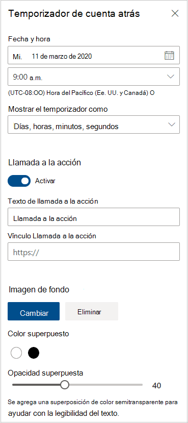 Configuración del temporizador de cuenta atrás