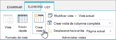 El botón Crear vista de biblioteca de SharePoint en la cinta de opciones.
