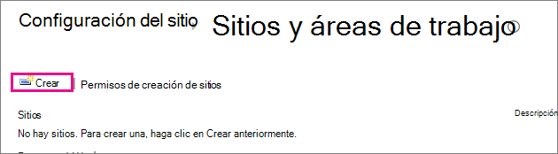 Vínculo Crear sitio en el cuadro de diálogo Sitios y lugares de trabajo