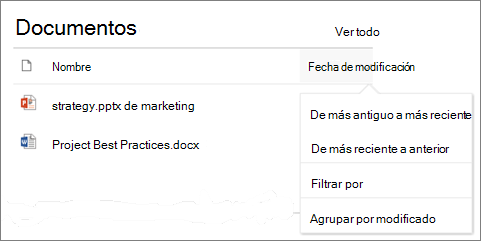 Elemento web Biblioteca de documentos que muestra el menú Ordenar, filtrar y agrupar