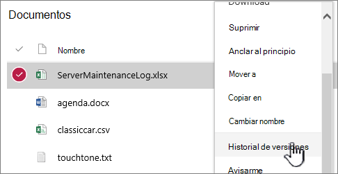 Menú contextual de la biblioteca de documentos con la opción Historial de versiones resaltada