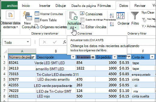 Hoja de cálculo de Excel con la lista importada y el botón Actualizar todo resaltado.