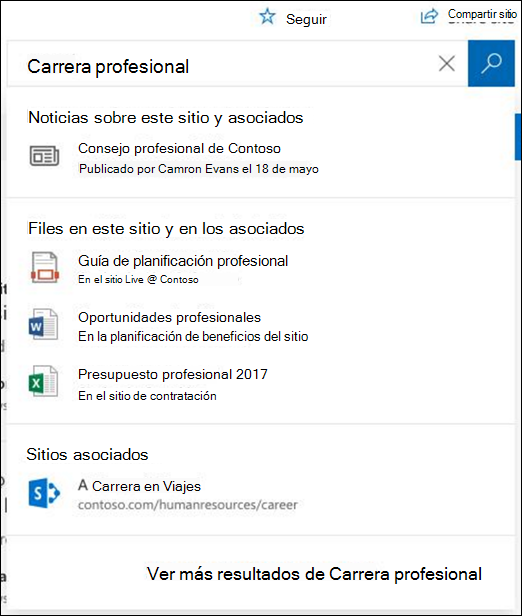 Resultados de la búsqueda en un sitio central de SharePoint