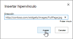 Cuadro de diálogo Hipervínculo con la dirección web y el botón Aceptar resaltados