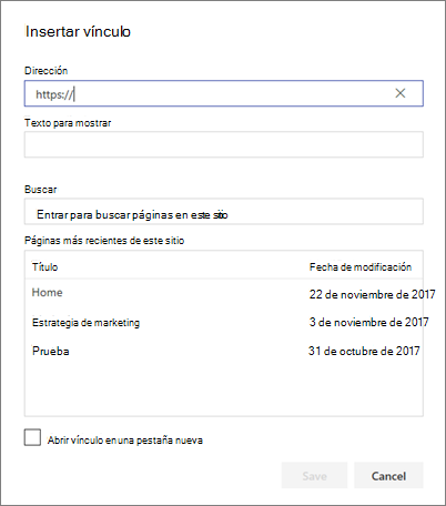 Cuadro de diálogo Insertar vínculo
