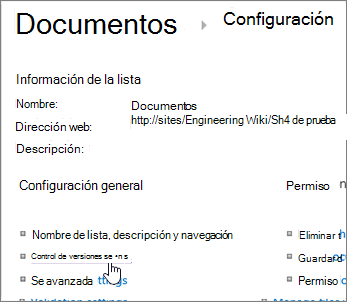Cuadro de diálogo Configuración de biblioteca con control de versiones seleccionado.