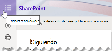 El símbolo del iniciador de aplicaciones consta de nueve pequeños puntos cuadrados, situados cerca de la esquina superior derecha de la ventana de la aplicación de SharePoint.