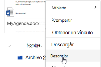 Elemento de menú Desanclar en el menú contextual archivo resaltado