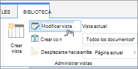Opción Modificar vista de la pestaña Modificación de la biblioteca de la cinta de SharePoint Online