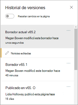Panel Historial de versiones