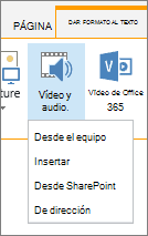 Botón Insertar vídeo o audio en la cinta de opciones de edición