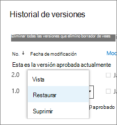Menú Elemento de versión