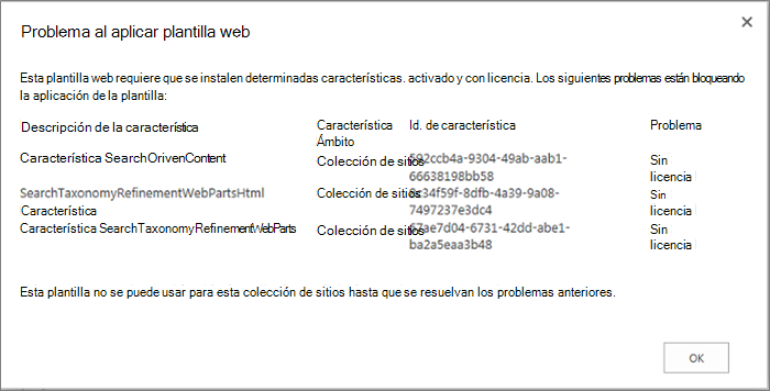 Captura de pantalla de un mensaje de error que le podría aparecer si las características no disponibles están evitando la creación de un sitio en SharePoint Online.