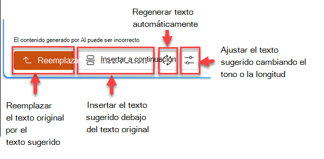 Captura de pantalla del panel de texto sugerido con cuatro botones de: reemplazar, insertar debajo, regenerar y ajustar.