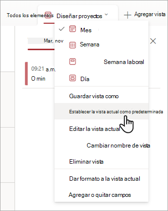 Captura de pantalla que muestra cómo elegir el comando Establecer vista actual como predeterminada en Listas.