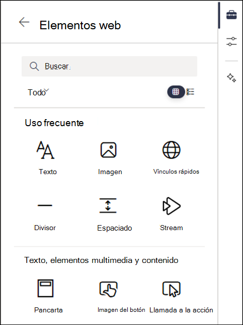 Elementos web enumerados en el nivel 2 del cuadro de herramientas