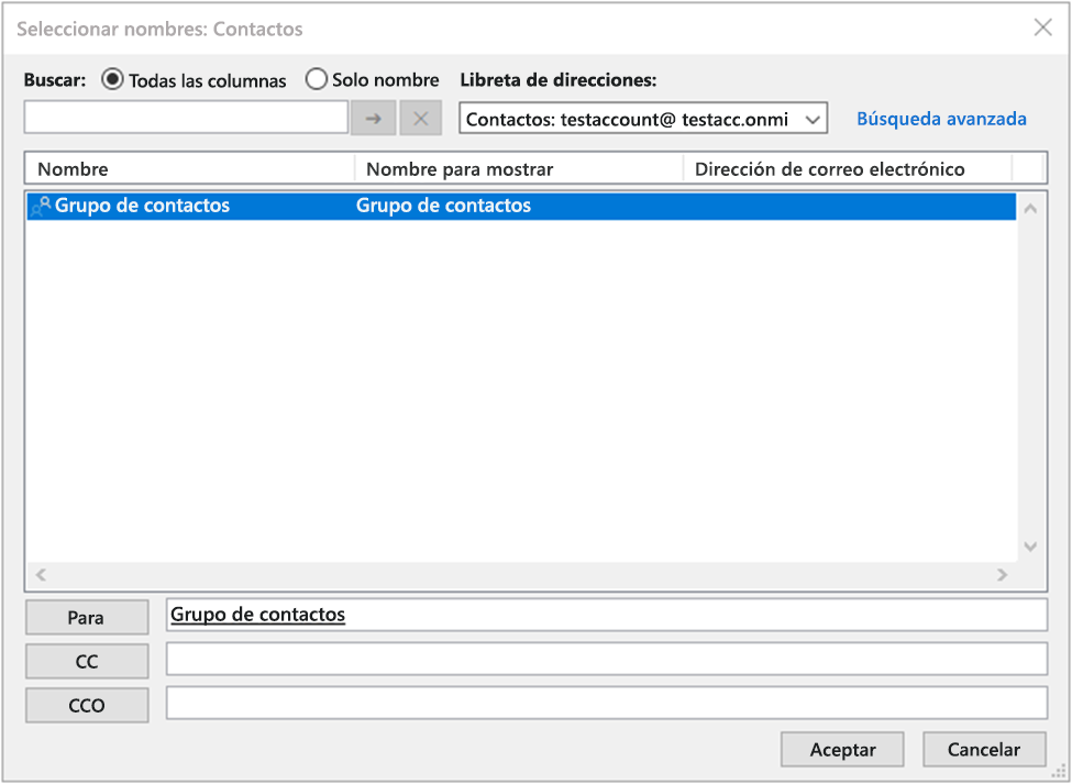 Cuadro de búsqueda de contactos con el nombre del grupo
