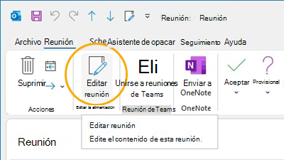 Botón Editar reunión Personalizar cinta de opciones en Outlook
