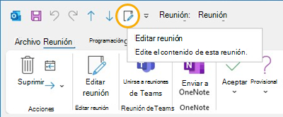 Botón Editar reunión Barra de herramientas de acceso rápido en Outlook