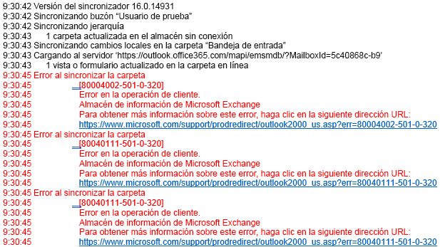 Lista de errores en el registro de Outlook