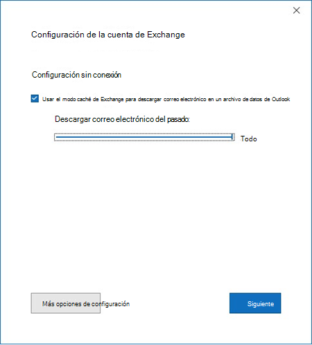 Ventana configuración de la cuenta de Exchange con el control deslizante de sincronización del modo en caché, descargar correo electrónico para el pasado establecido en Todo