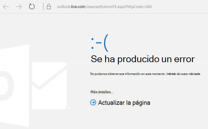 Outlook.com se ha encontrado un código de error 500