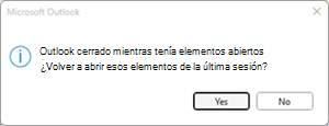 Error de la última sesión de Outlook