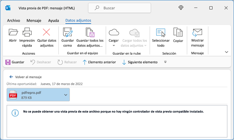 Error en PDF al intentar mostrar desde Outlook