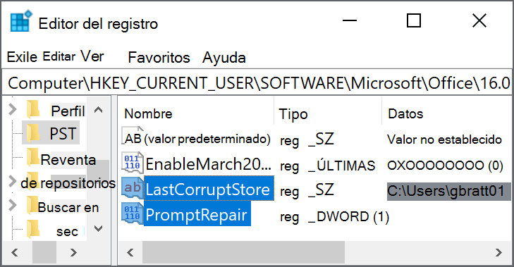 Configuración del Registro para eliminar LastCorruptStore PromptRepair=dword:00000001