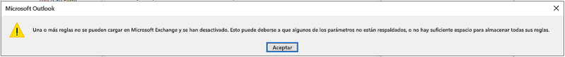 Cuadro de diálogo de error Las reglas no se pueden cargar