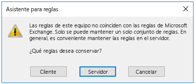 Mensaje del cuadro de diálogo del Asistente para reglas