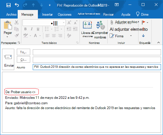 En el cuerpo del correo electrónico, falta la dirección de correo electrónico del remitente del mensaje original