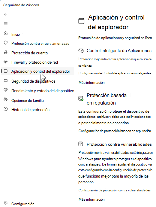 Captura de pantalla de la página de control de la aplicación y del explorador de la aplicación Seguridad de Windows.