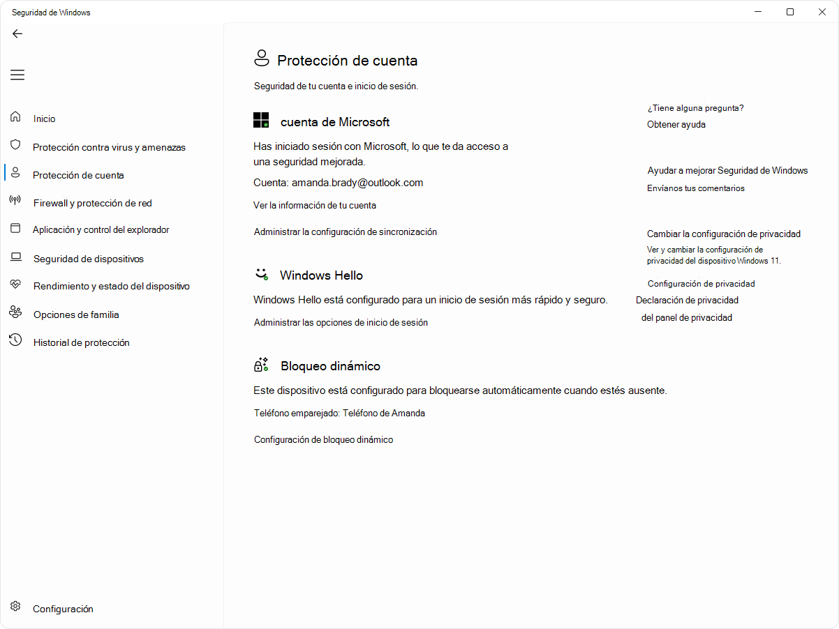 Captura de pantalla de la página de protección de la cuenta de la aplicación Seguridad de Windows.