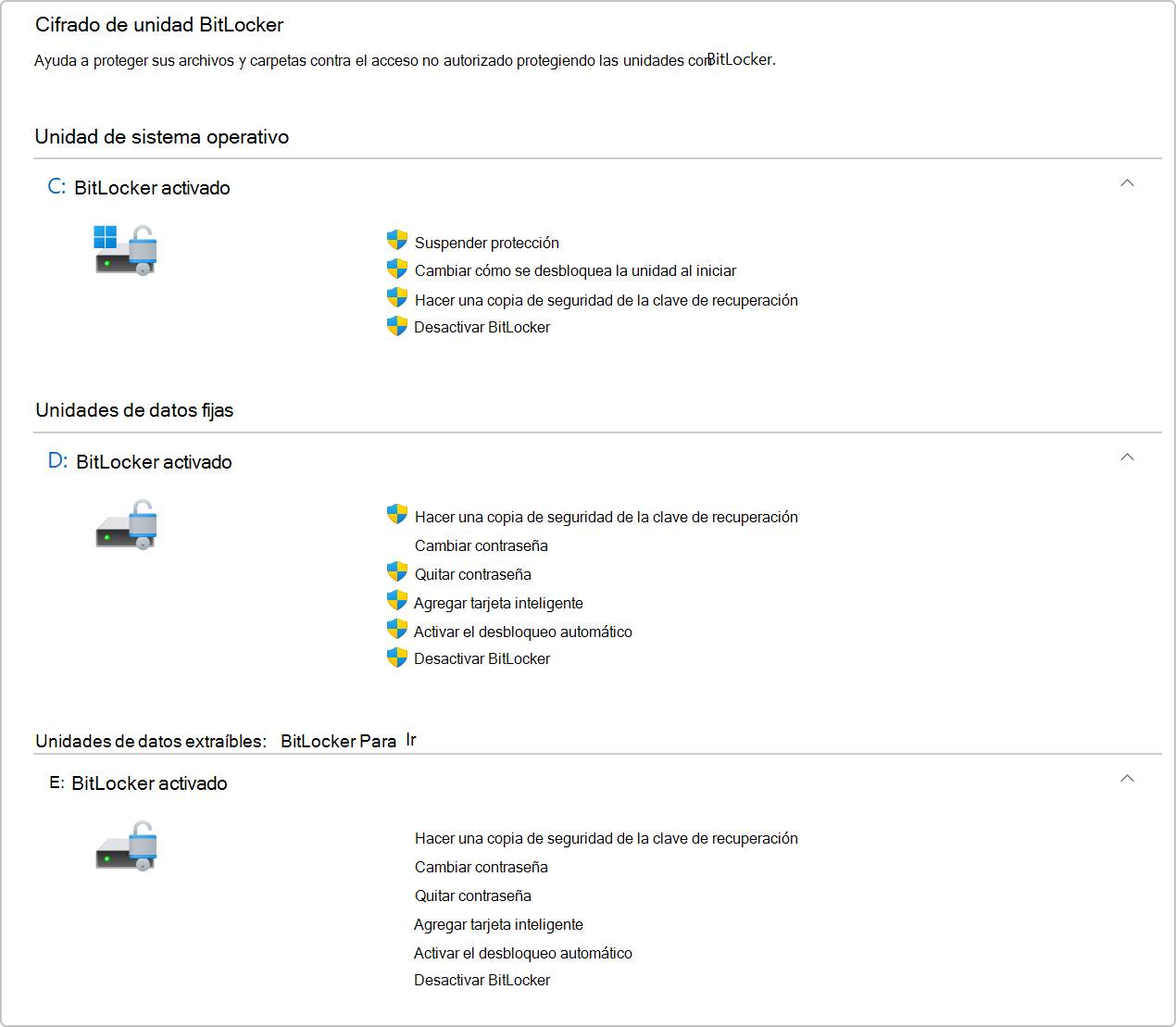 Captura de pantalla del cifrado de unidad BitLocker en Panel de control.