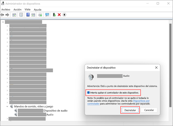 Desinstala un dispositivo de audio en el Administrador de dispositivos en Windows 11.