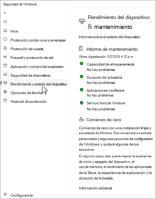 Captura de pantalla de la página de rendimiento y del dispositivo de la aplicación Seguridad de Windows.