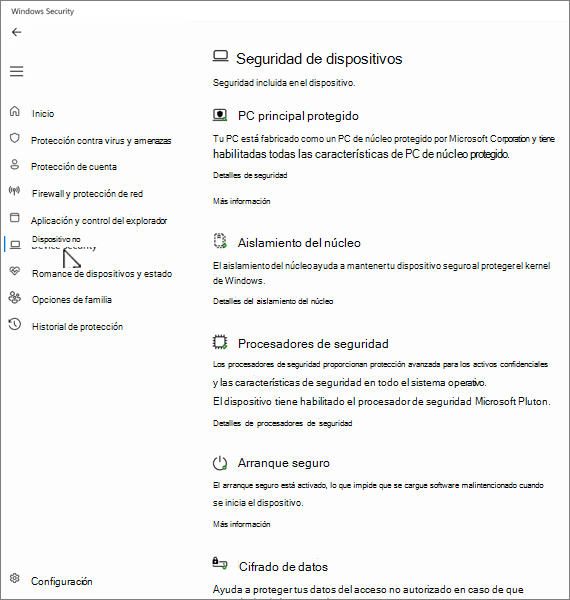 Captura de pantalla de la pantalla de seguridad del dispositivo en la aplicación Seguridad de Windows.