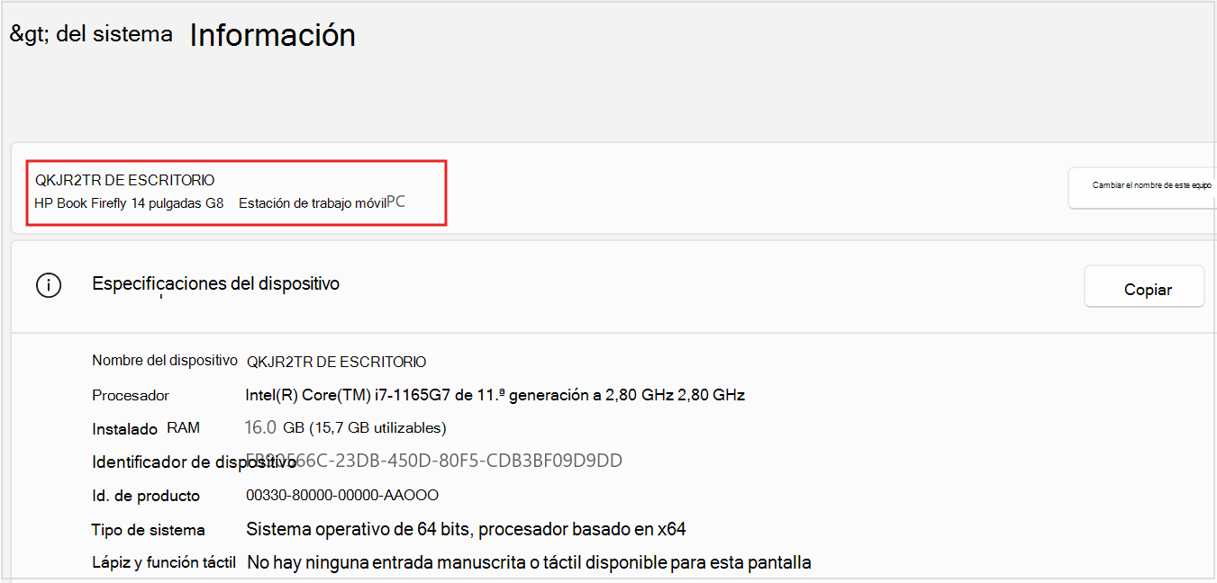 Captura de pantalla del nombre y modelo del dispositivo pc