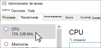 Pestaña Rendimiento e información de la CPU.
