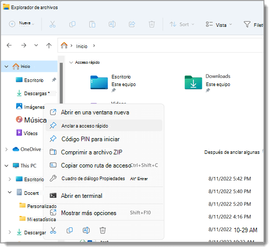 Muestra Explorador de archivos, con el menú contextual abierto para un archivo. Anclar al Acceso rápido está resaltado en el menú.