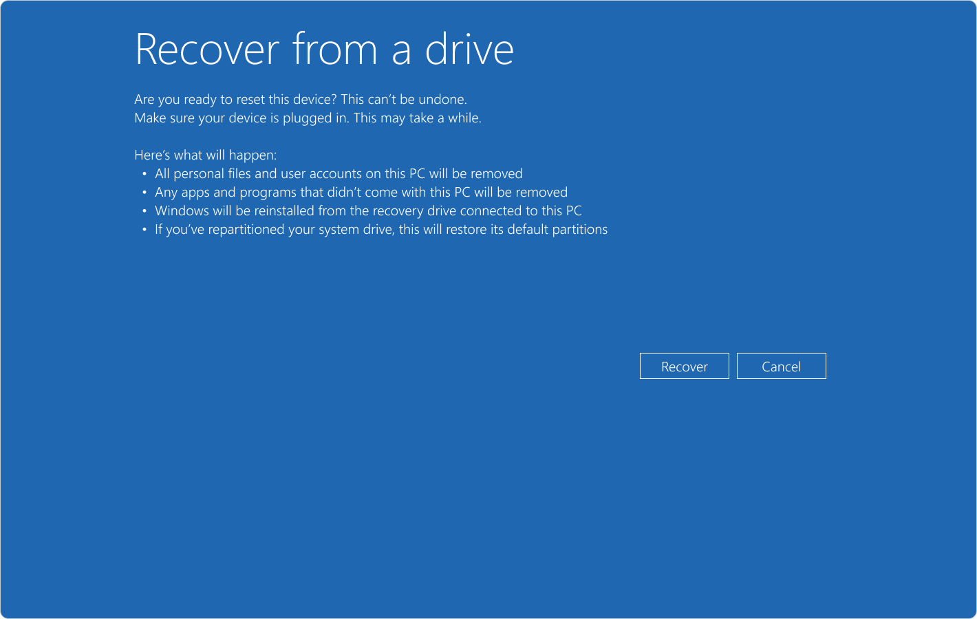Captura de pantalla de Windows RE que muestra la recuperación desde una confirmación de unidad