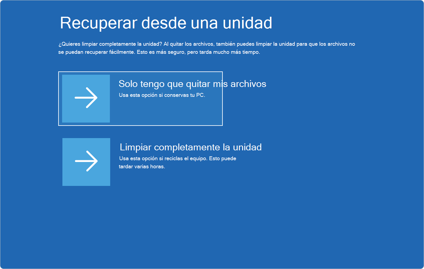 Captura de pantalla de Windows RE que muestra las opciones para recuperar desde una unidad