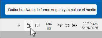Captura de pantalla del icono Quitar de forma segura el dispositivo USB en la bandeja de notificaciones.